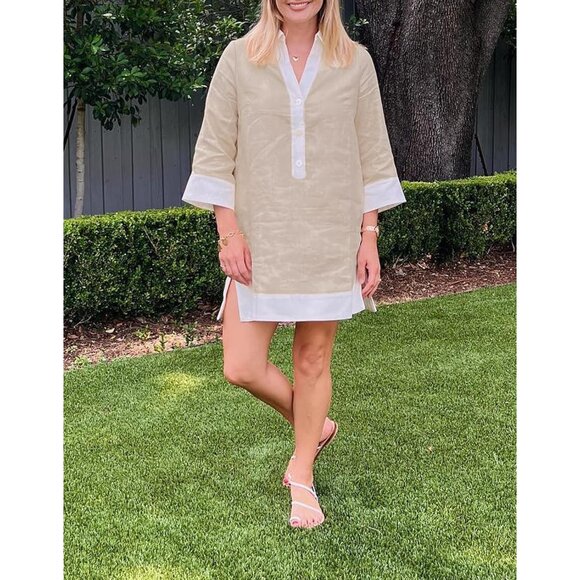 Women Cotton V-Neck Shirt Dress Short Sleeve Casual Work Summer Tunic - Picture 6 of 7